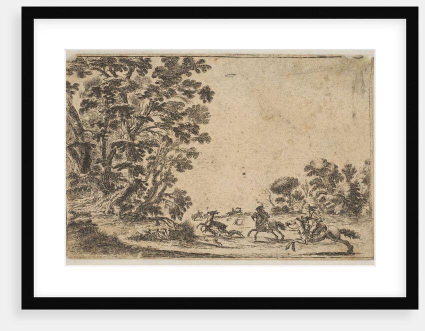 Plate 4: a deer hunt, two horsemen galloping towards the rightbehind three dogs and …, after 1642 by Stefano della Bella/Unknown