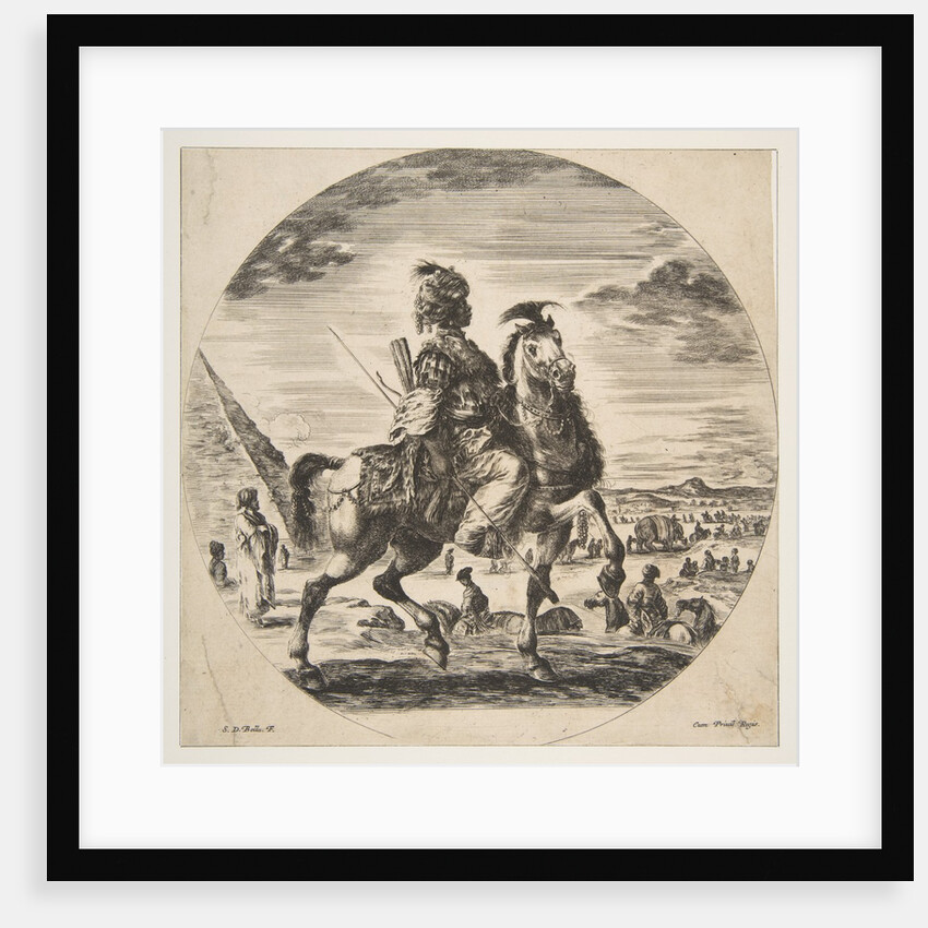 Moorish horseman in profile facing right, in the background a pyramid at left, many fi…, ca. 1651 by Stefano della Bella