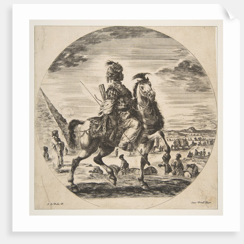 Moorish horseman in profile facing right, in the background a pyramid at left, many fi…, ca. 1651 by Stefano della Bella