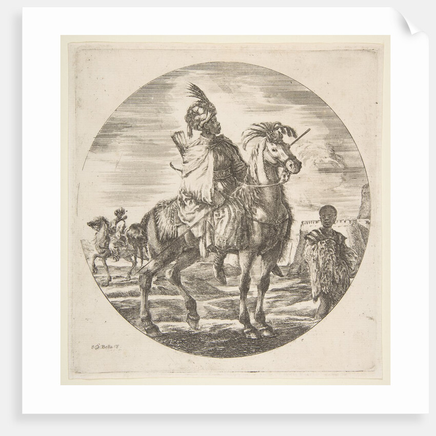 Moorish horseman in profile facing right, a black slave holding a fur at right, anothe…, ca. 1651 by Stefano della Bella