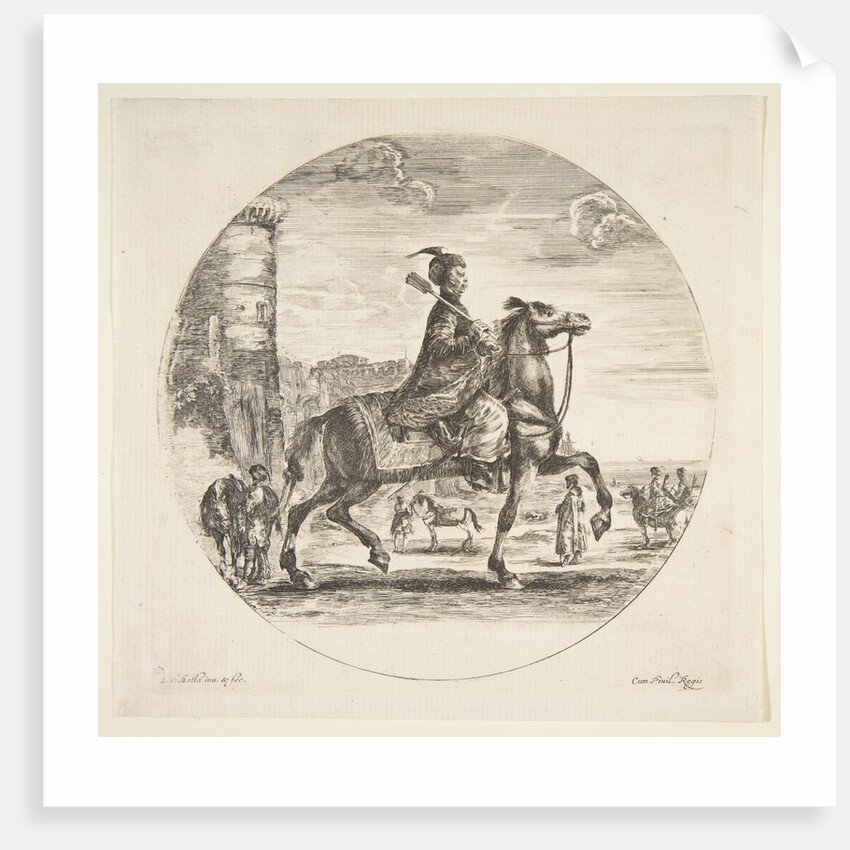 Polish horseman in profile facing right, a tower and other figures on horses in backgr…, ca. 1651 by Stefano della Bella