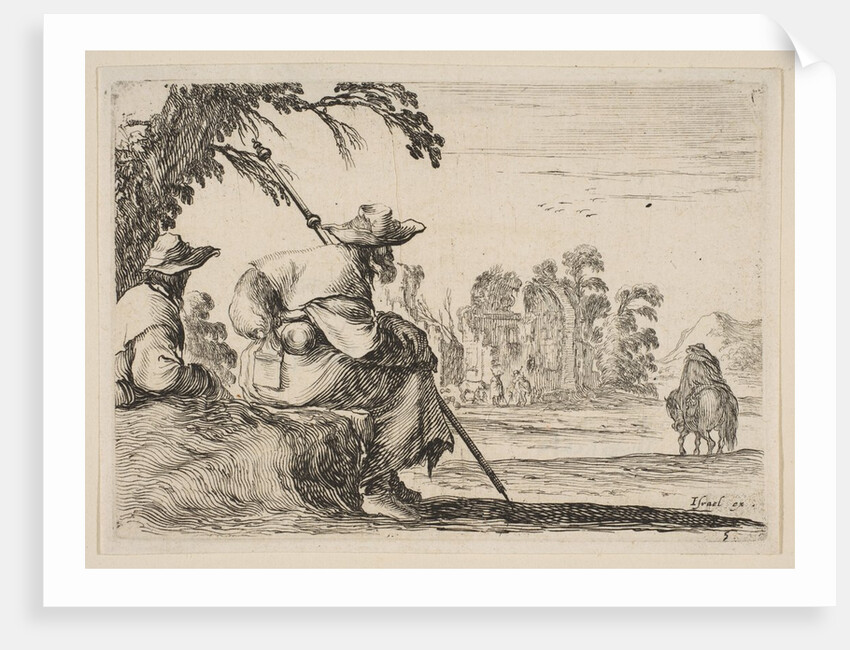 Plate 5: two pilgrims with hats rest to the left, seen from behind, a horseman rides towar…, 1642 by Stefano della Bella