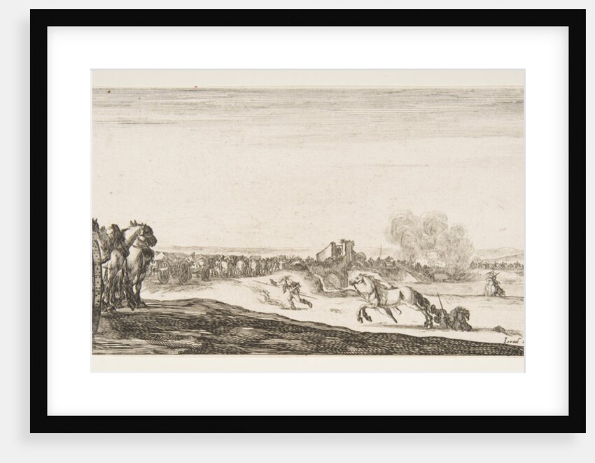 A procession of horse-drawn cannon carriages to left, horsemen in combat and a dead ho…, ca. 1641 by Stefano della Bella