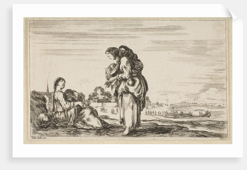 A woman seated to left holding a child, facing right in profile, conversing with a standin…, 1649 by Stefano della Bella (attributed to)