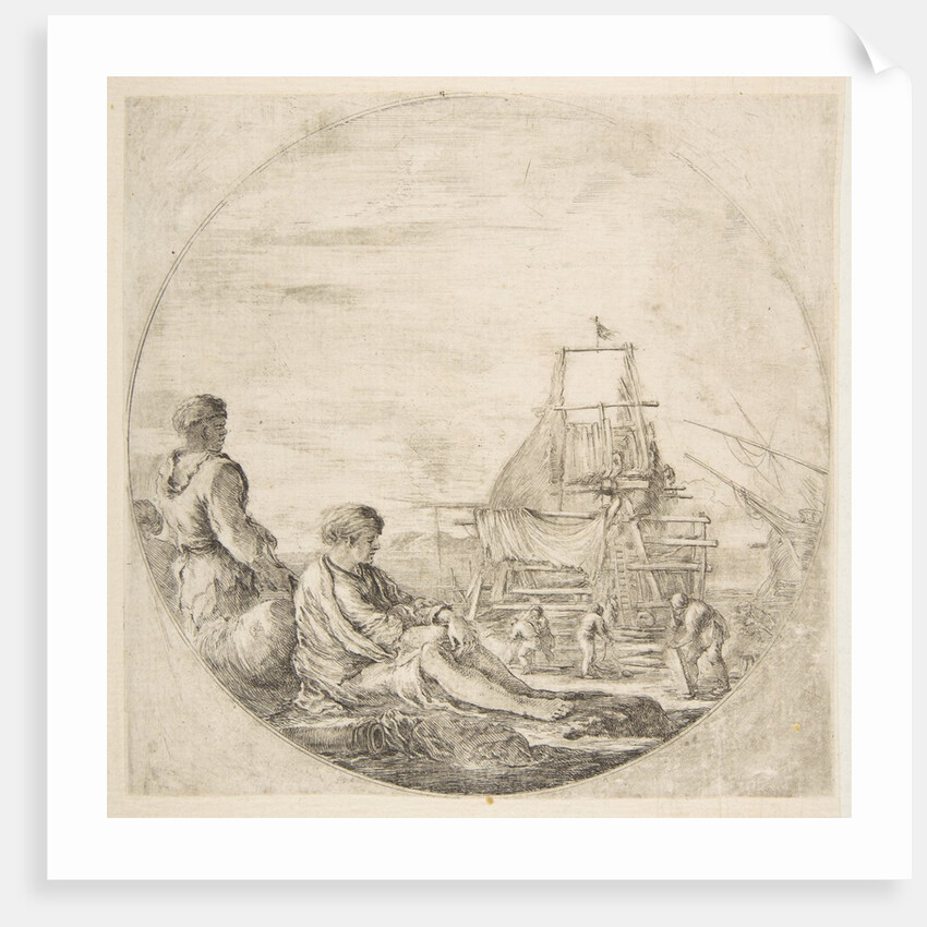 A seated white sailor and a standing black sailor, people building a ship in the backg…, ca. 1660 by Stefano della Bella