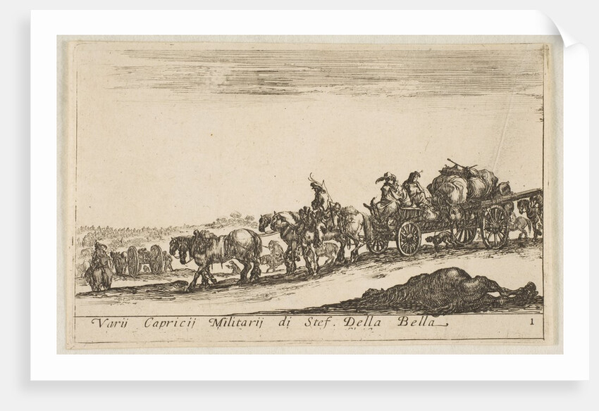 Plate 1: a horse drawn cart carrying people and goods, dead horse in the foreground, f…, ca. 1641 by Stefano della Bella