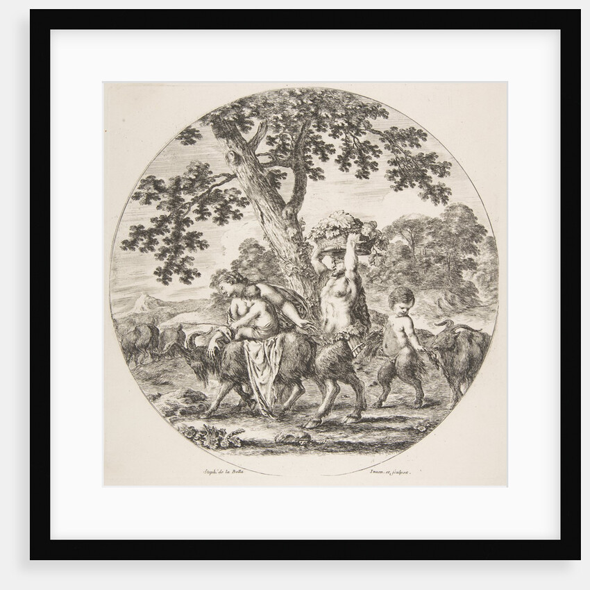 Satyr family walking towards the left with two goats and a basket of grapes, ca. 1657 by Stefano della Bella