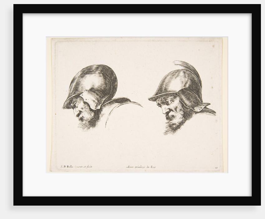 Plate 10: two heads of old soldiers wearing helmets, both facing left and looking down…, ca. 1641 by Stefano della Bella