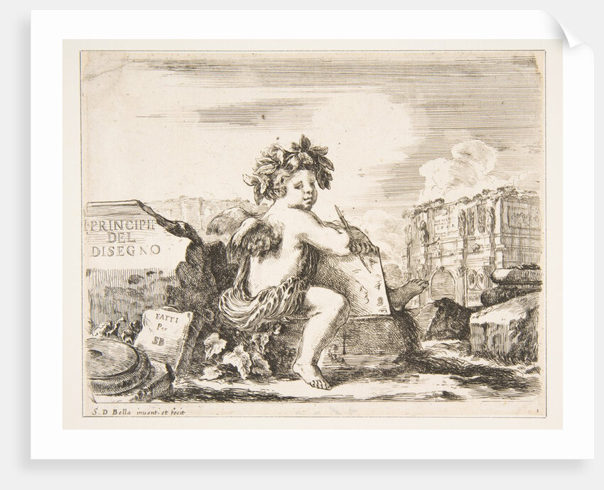 Plate 1: the genius of drawing, a child with wings, seated on a rock in center turn…, ca. 1641-43 by Stefano della Bella