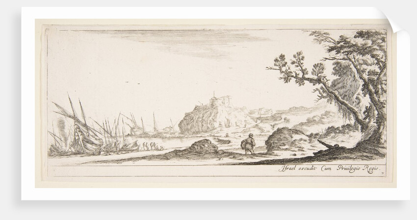 Plate 7: various boats on shore to left, a man carrying a bag, seen from behind and wa…, ca. 1641 by Stefano della Bella