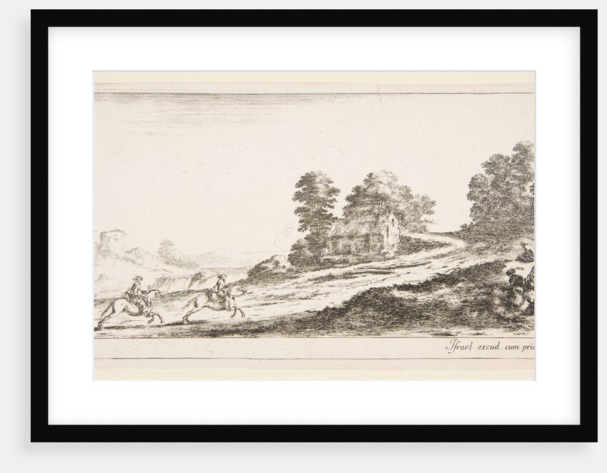 Plate 9: two horsemen at left galloping uphill towards the right, a horse and seated m…, ca. 1641 by Stefano della Bella