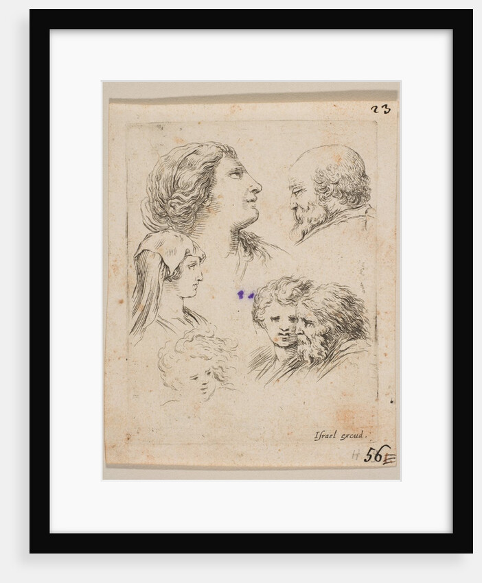 Plate 9: five heads, two young women at left, a bearded man at upper right, a young wo…, ca. 1649 by Stefano della Bella
