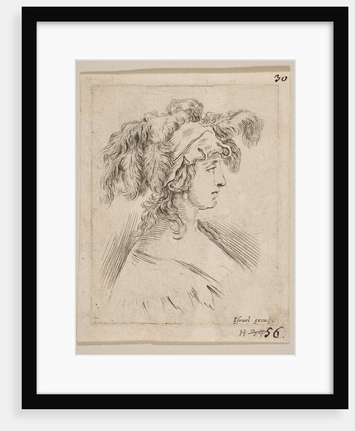 Plate 15: mid-bust of a young woman in profile wearing a hat topped with feathers, fro…, ca. 1649 by Stefano della Bella