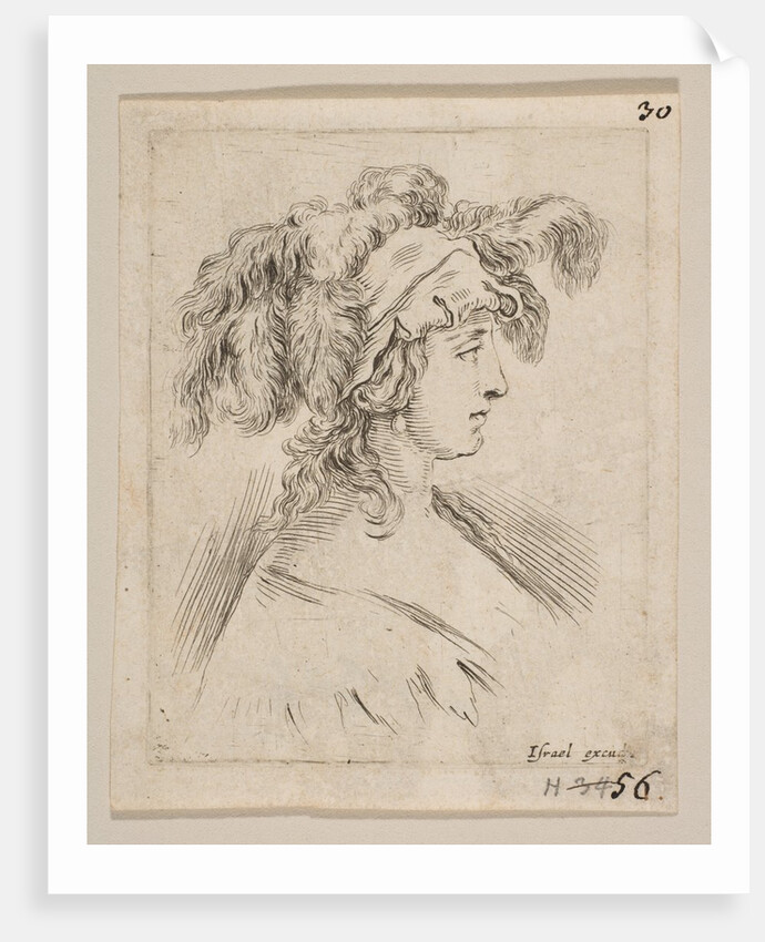 Plate 15: mid-bust of a young woman in profile wearing a hat topped with feathers, fro…, ca. 1649 by Stefano della Bella