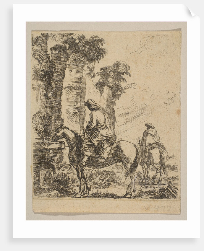 Plate 19: Landscape with a Cavalier Watering His Horse at a Fountain, from 'Various fi…, ca. 1646 by Stefano della Bella