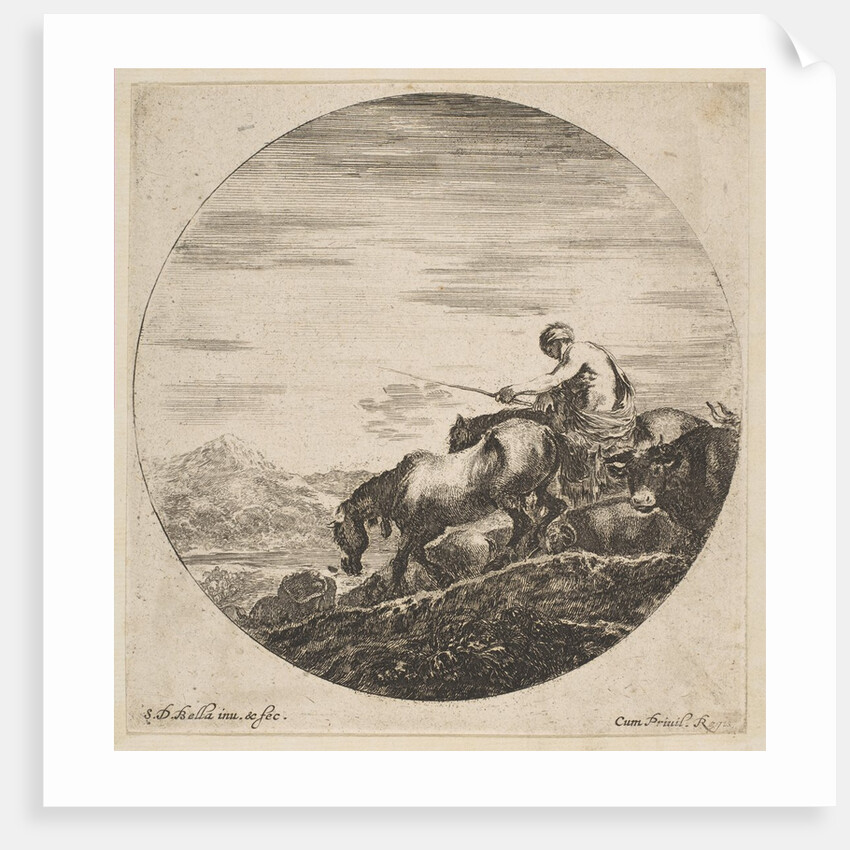 Herdsman on horseback drives animals, from 'Six animal subjects', ca. 1646 by Stefano della Bella