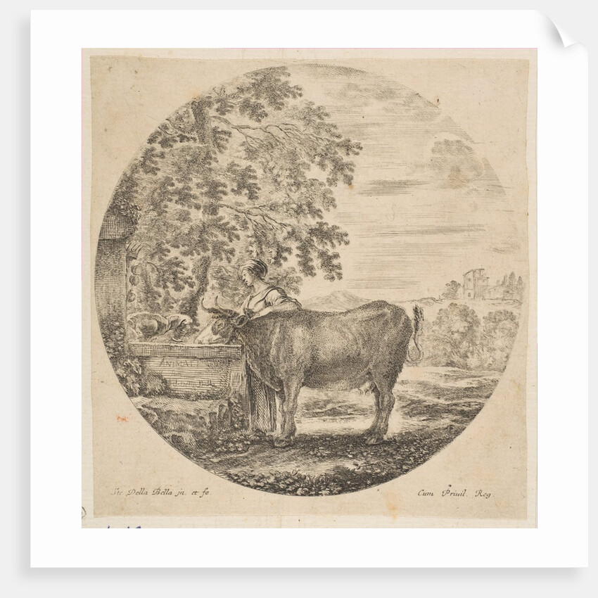 A peasant woman with a cow at a fountain decorated with the Medici arms, from 'Six ani…, ca. 1646 by Stefano della Bella