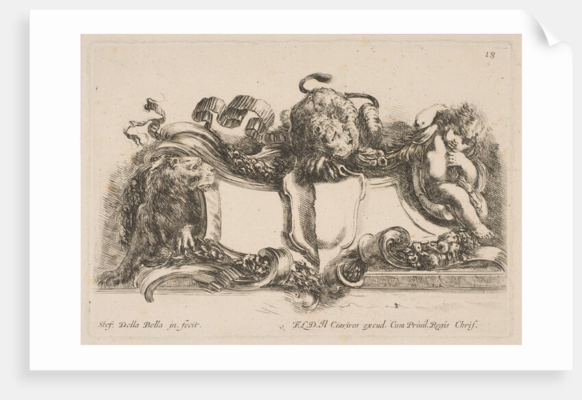 Cartouche Containing an Empty Shield Surmounted by a Lion and Framed by a Lion and a Child, 1646 by Stefano della Bella