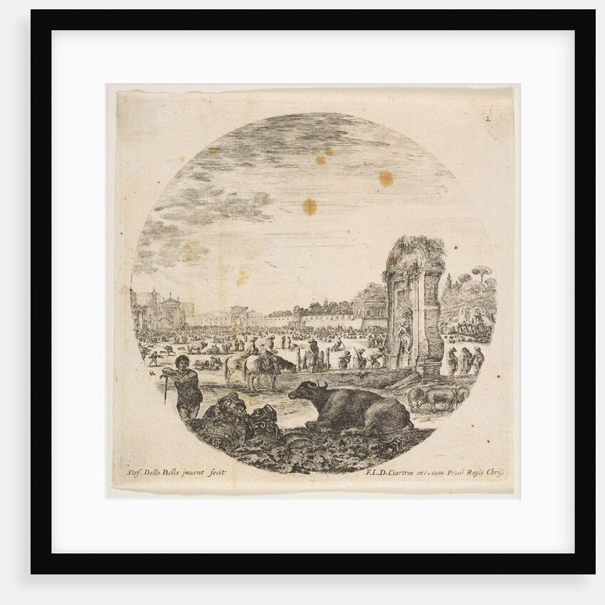 Plate 2: Campo Vaccino, a buffalo and two shepherds in center, the Fontanone to right …, ca. 1646 by Stefano della Bella