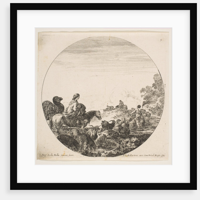 Plate 5: a woman carrying a child on a horse at left, a camel following her, a herd of…, ca. 1646 by Stefano della Bella