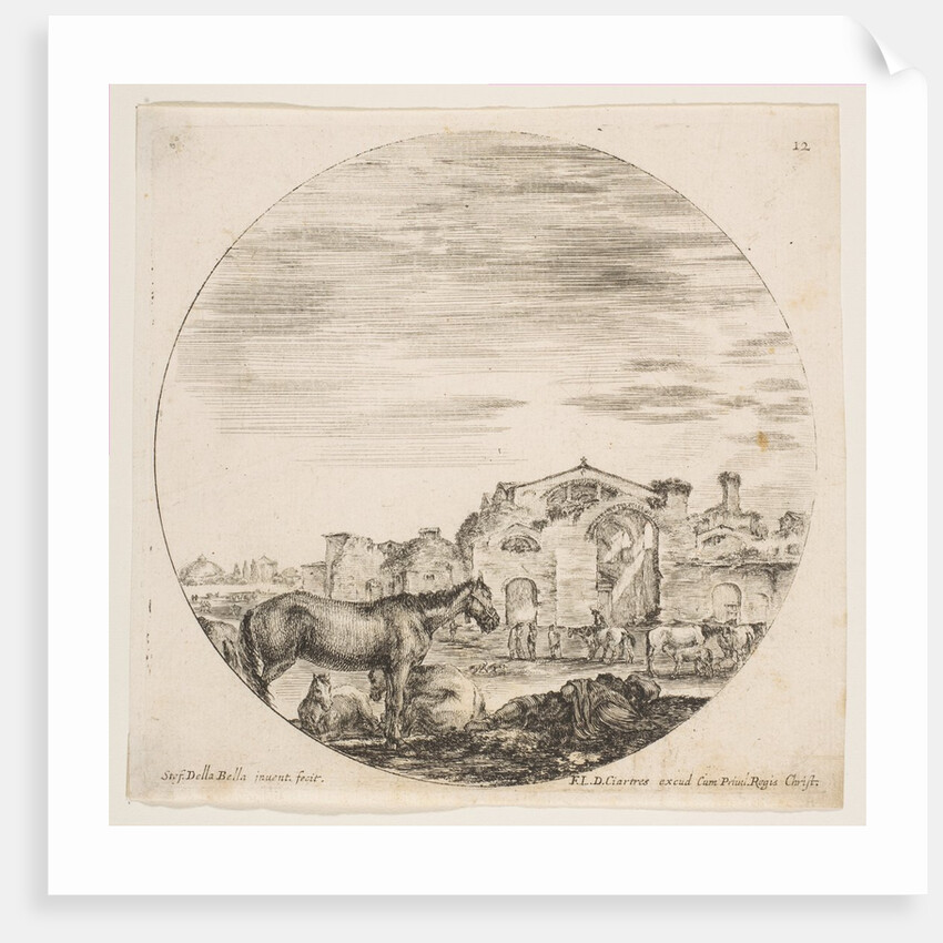 Plate 12: a shepherd sleeping on the ground at right, three horses at left, other hors…, ca. 1646 by Stefano della Bella