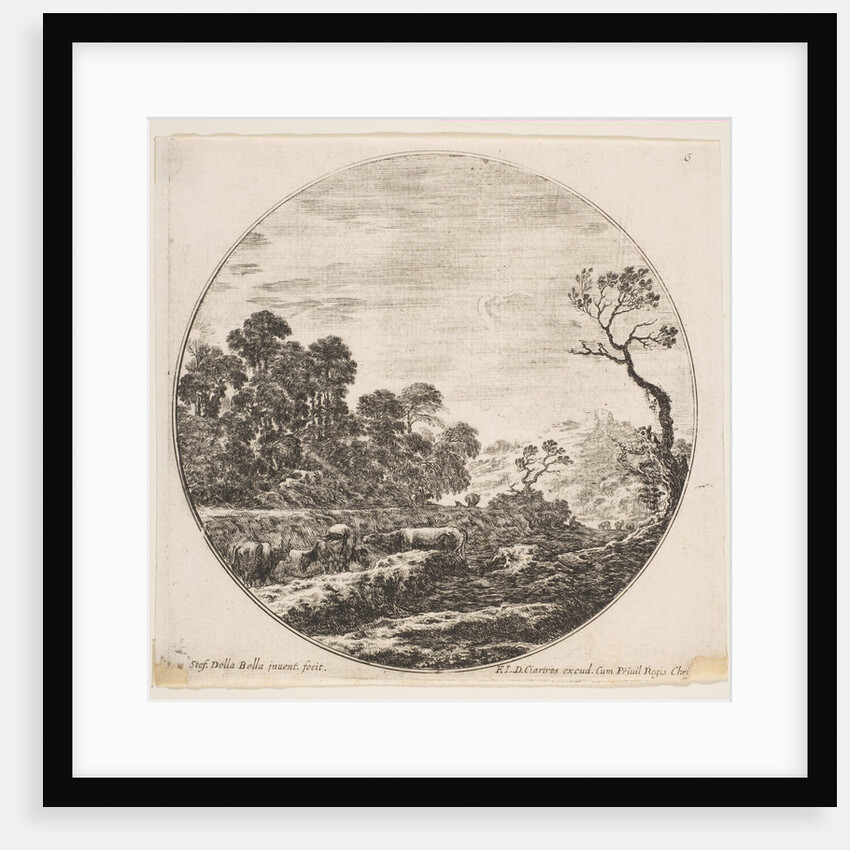 Plate 6: cows crossing a valley at left, a horseman and other cows in the background…, ca. 1646 by Stefano della Bella