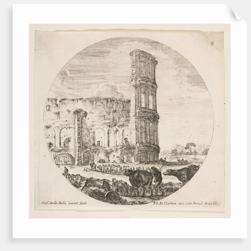 Plate 8: the Colosseum, two herds being directed towards the amphitheater in the foreg…, ca. 1646 by Stefano della Bella