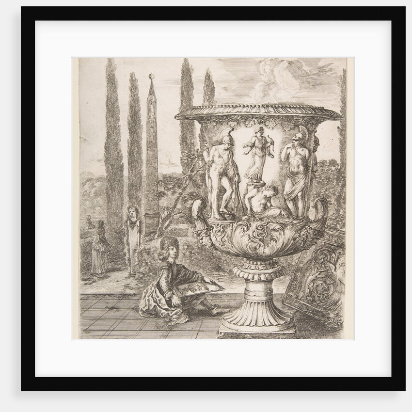 The Medici vase, a large vase to right decorated with a representation of the sacrifice of…, 1656 by Stefano della Bella