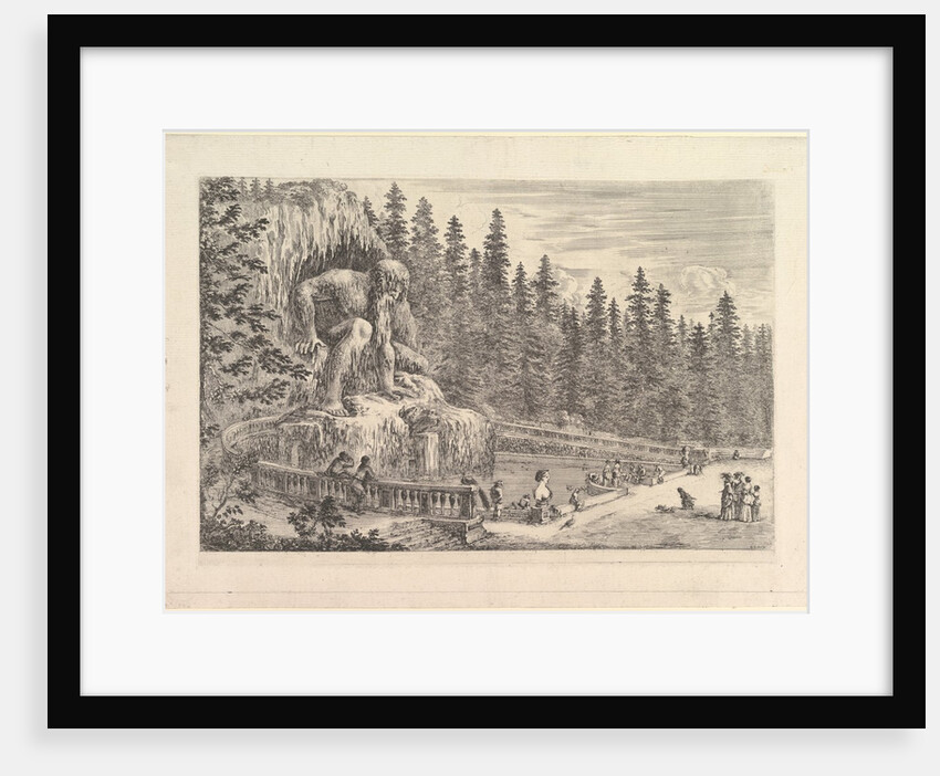 Colossal statue of the Appenino by Giambologna to left, represented as a giant crouchi…, ca. 1653 by Stefano della Bella
