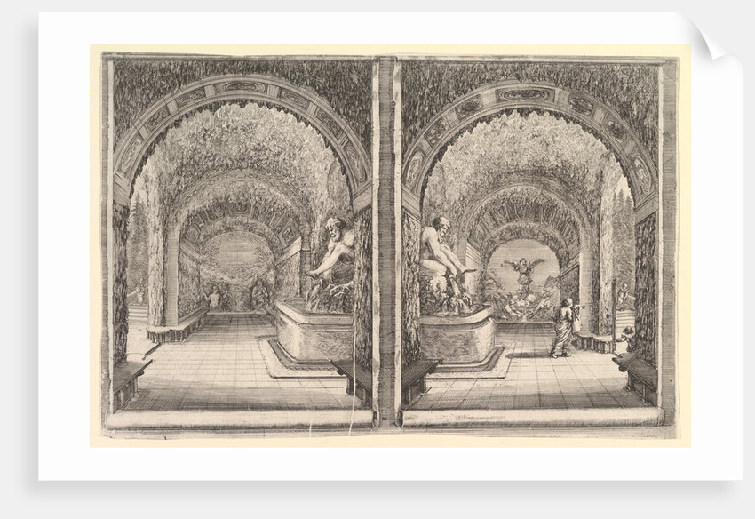 Two views of a grotto, both views with a fountain with a seated statue, seen from the …, ca. 1653 by Stefano della Bella