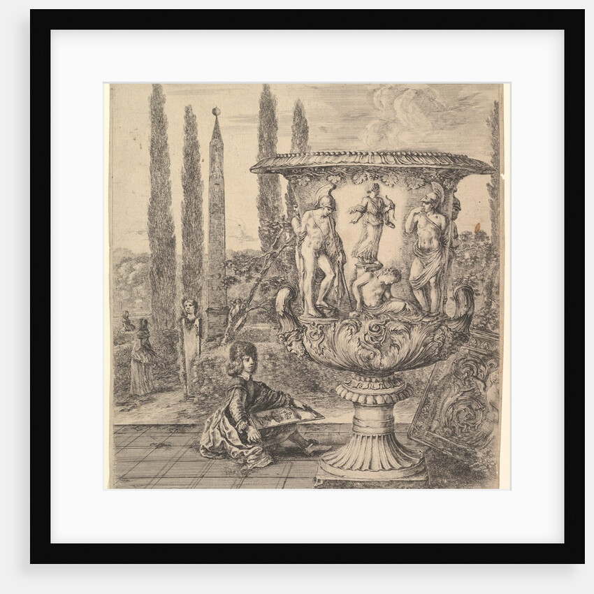 The Medici vase, a large vase to right decorated with a representation of the sacrifice of…, 1656 by Stefano della Bella