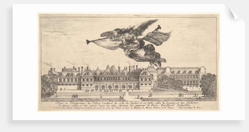 View of the Palais Cardinal, the figure of Fame at top center flying towards the left a…, 1649-51 by Stefano della Bella