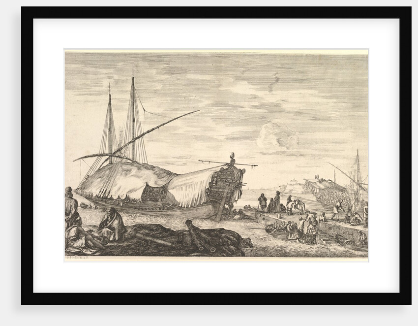 A galley covered in sails to left, six cannons and four people to left in foregroun…, ca. 1652-57 by Stefano della Bella