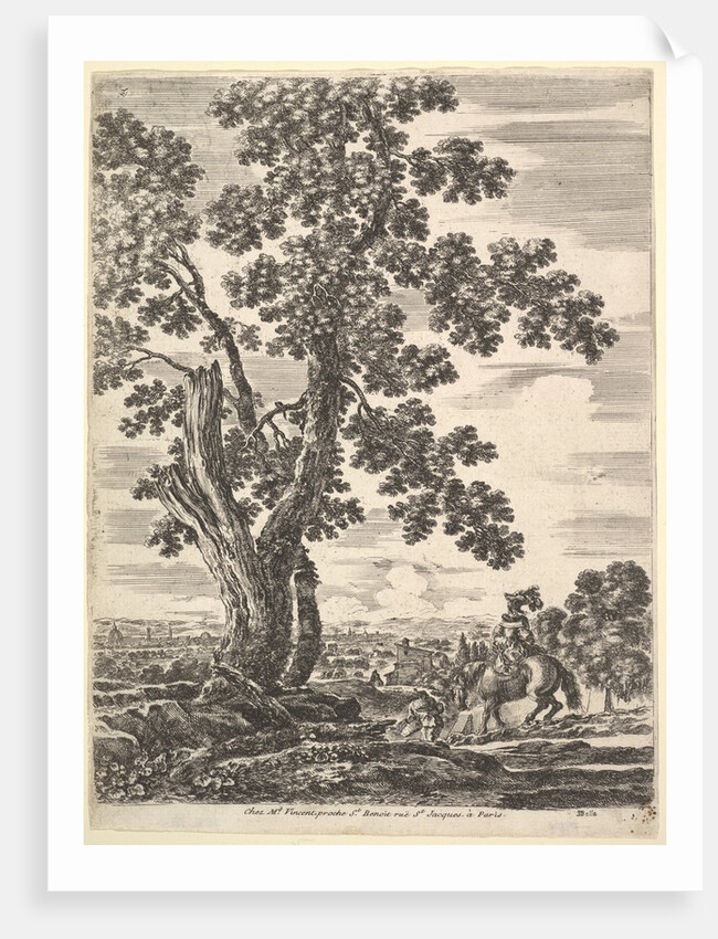A woman on horseback seen from behind descending a hill to the right, a large tree …, ca. 1652-57 by Stefano della Bella