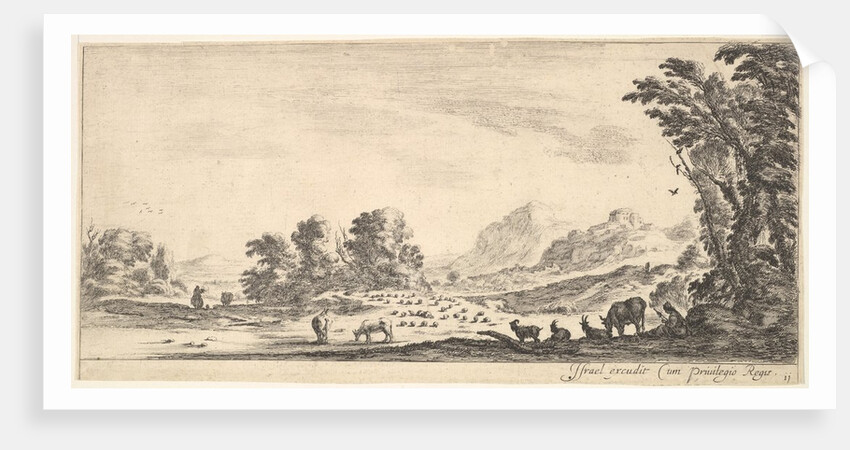 Plate 11: shepherdess seated to the right under a tree, watching her flock to the left…, ca. 1641 by Stefano della Bella