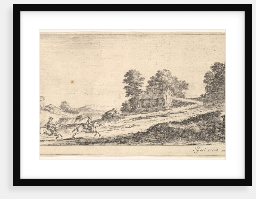 Plate 9: two horsemen at left galloping uphill towards the right, a horse and seated m…, ca. 1641 by Stefano della Bella