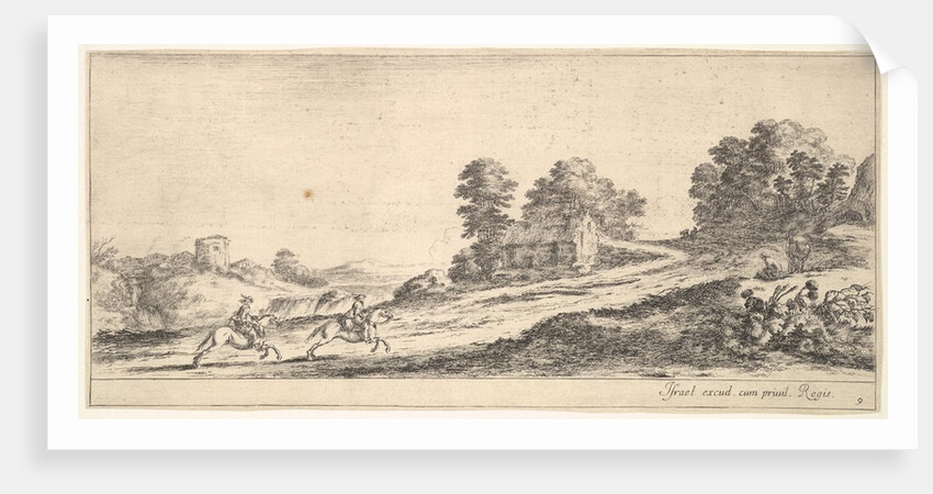 Plate 9: two horsemen at left galloping uphill towards the right, a horse and seated m…, ca. 1641 by Stefano della Bella