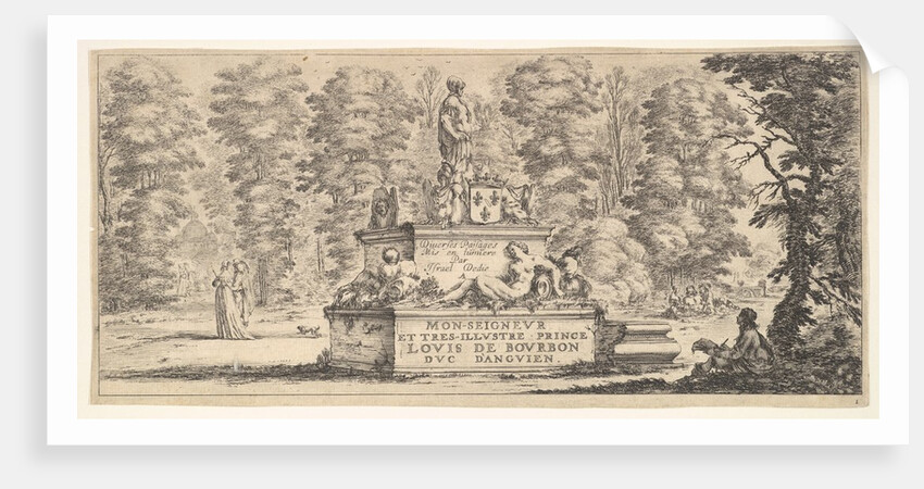 Plate 1: a monument with statues and a coat of arms in the center, a draughstman on th…, ca. 1641 by Stefano della Bella