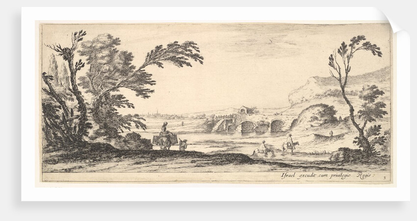 Plate 3: two horsemen crossing a river to right, a woman with two baskets atop a donke…, ca. 1641 by Stefano della Bella