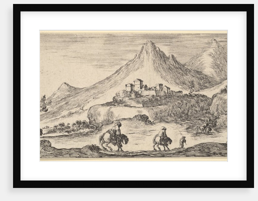 Two horseman descend a hill in center, following another man on foot, a castle in the …, ca. 1641 by Stefano della Bella