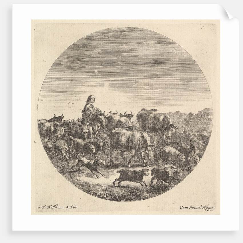 A peasant woman seated on a horse to left, facing right, surrounded by a herd of fc…, ca. 1643-48 by Stefano della Bella