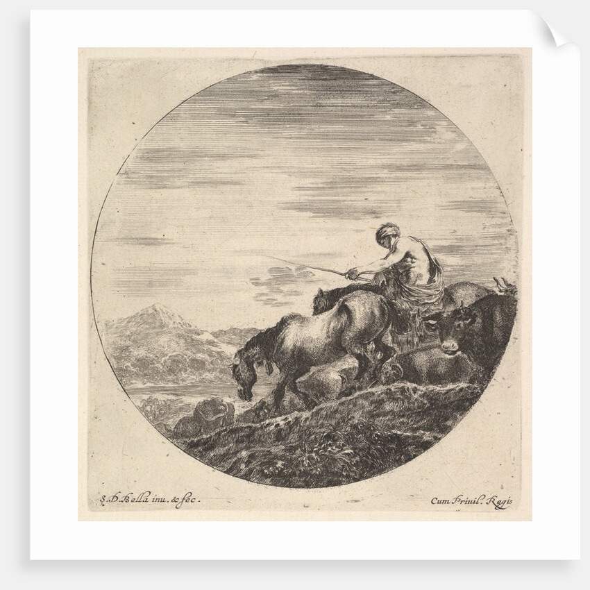 A shepherd at right, facing left, driving a group of animals downhill, a round comp…, ca. 1643-48 by Stefano della Bella