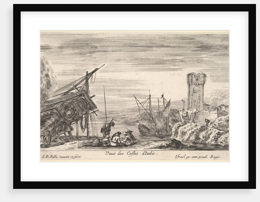 View of the coast of Italy, the bow of a ship resting to left…, 1647 by Stefano della Bella
