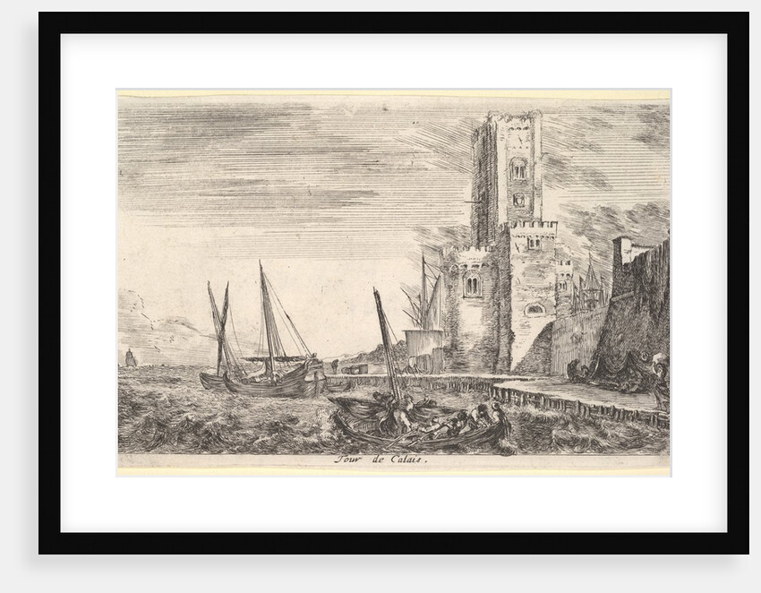 Tower of Calais, tower to right, two ships in the sea to left and in cent…, 1647 by Stefano della Bella