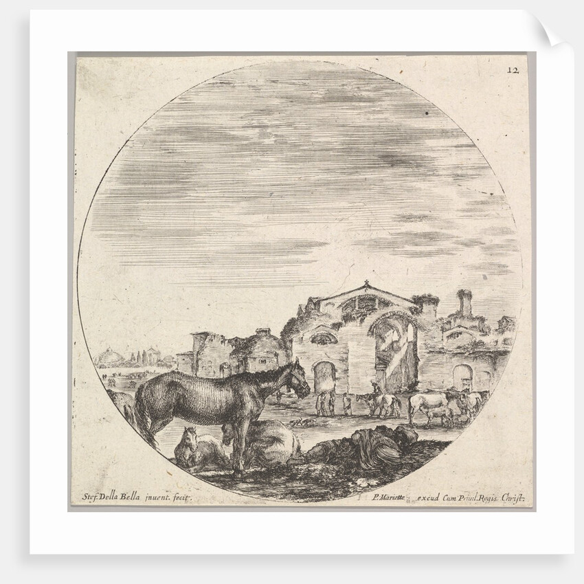 Plate 12: a shepherd sleeping on the ground to right, three horses to left, other h…, ca. 1643-48 by Stefano della Bella
