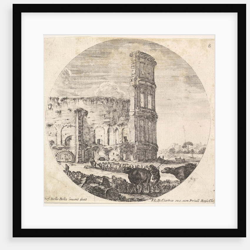 Plate 8: the Colosseum, two herds being directed towards the amphitheater in the fo…, ca. 1643-48 by Stefano della Bella