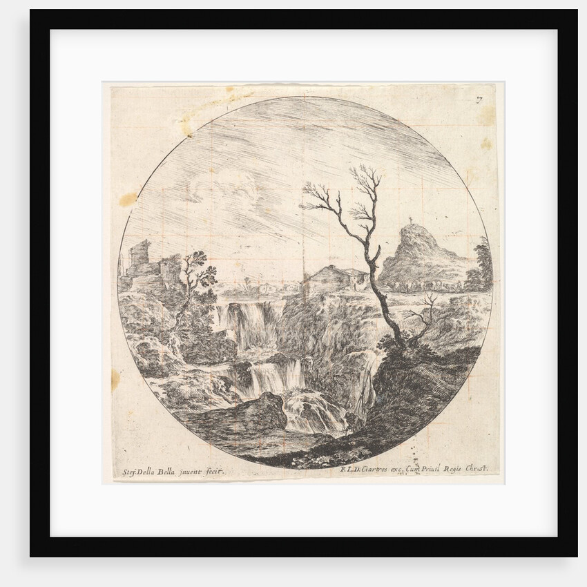 Plate 7: a triple waterfall, a dead tree to right, a mountain and a herd of cows to…, ca. 1643-48 by Stefano della Bella