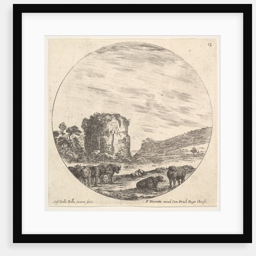 Plate 13: ruins of an ancient temple in the background, a herd of cows in the foreg…, ca. 1643-48 by Stefano della Bella
