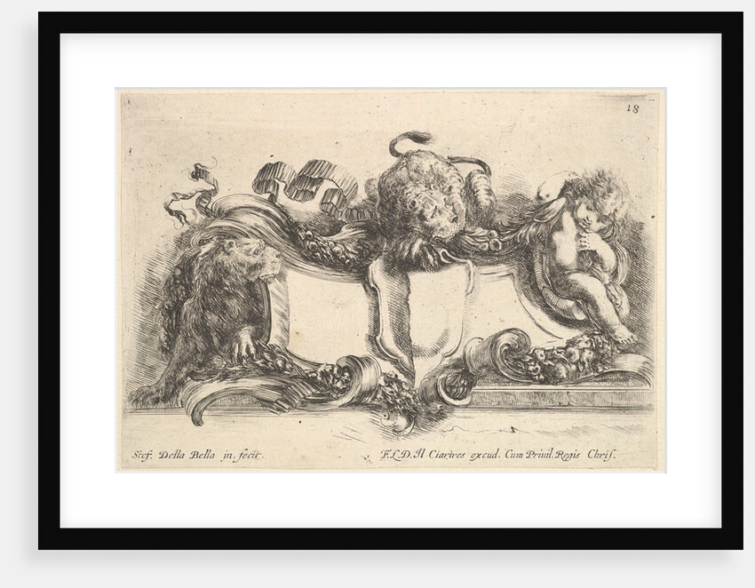 Plate 18: a cartouche containing an empty crest, two lionesses, one to left and one in cen…, 1646 by Stefano della Bella
