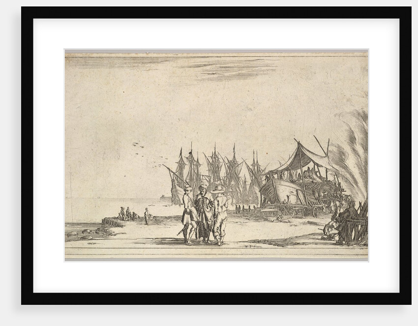Three men wearing hats standing in center, men fixing a ship to right, five ships and vari…, 1639 by Stefano della Bella
